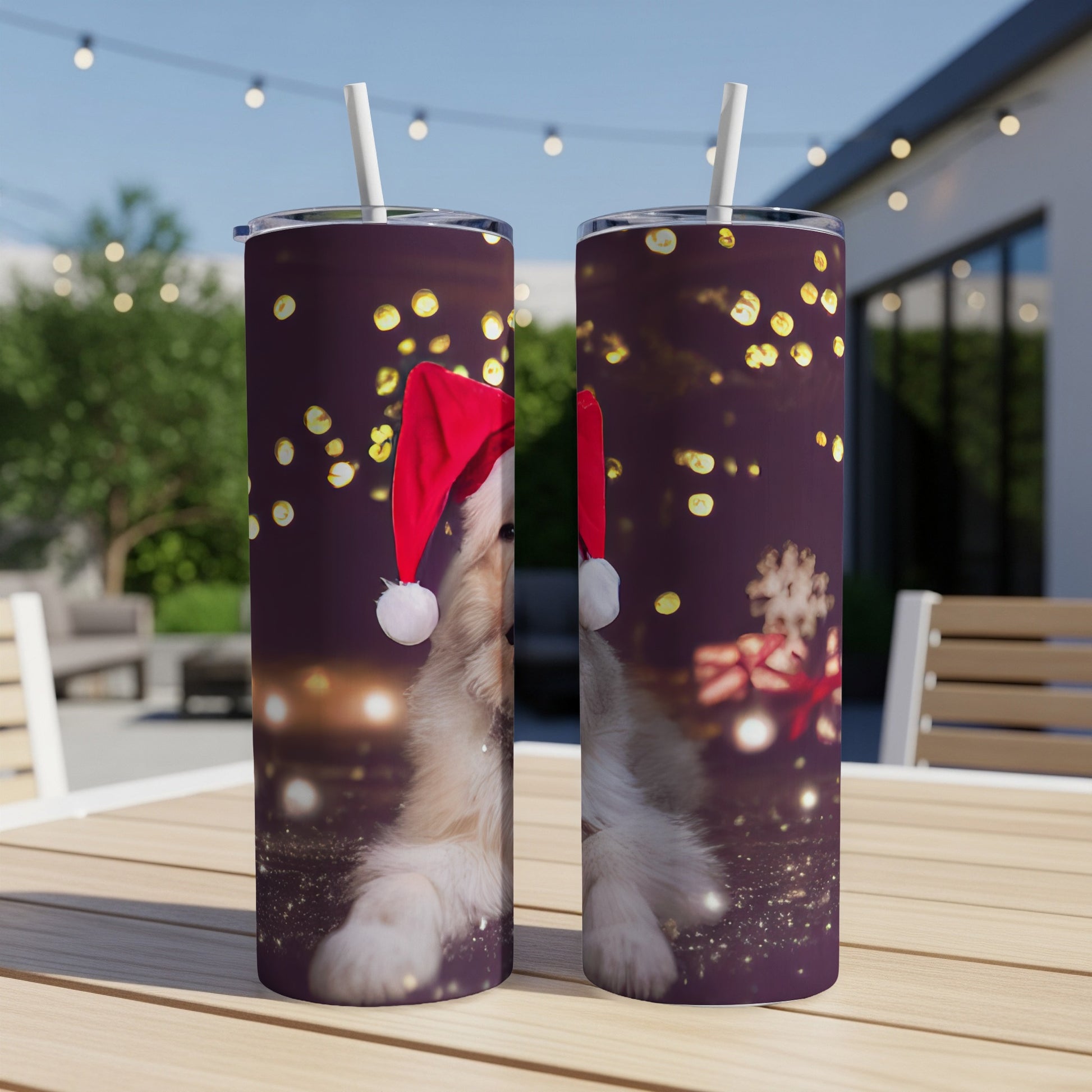 Golden retriever puppy in Santa hat with bokeh lights on a tumbler.