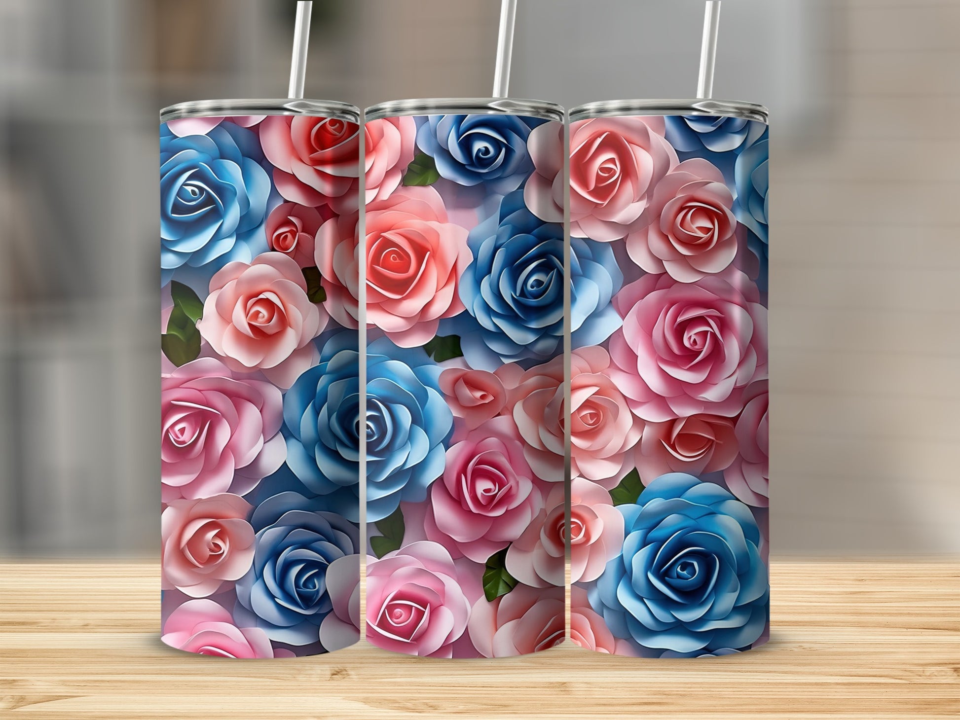 Floral Pattern Roses Pink and Blue Tumbler product